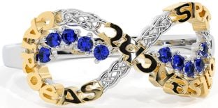 Sapphire White Yellow Gold Celtic Infinity Irish "Love, Loyalty, & Friendship" Ring