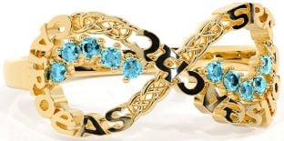 Aquamarine Gold Celtic Infinity Irish "Love, Loyalty, & Friendship" Ring