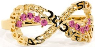 Pink Tourmaline Gold Celtic Infinity Irish "Love, Loyalty, & Friendship" Ring