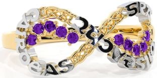 Amethyst White Yellow Gold Celtic Infinity Irish "Love, Loyalty, & Friendship" Ring