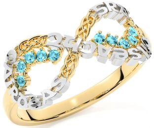 Aquamarine White Yellow Gold Celtic Infinity Irish "Love, Loyalty, & Friendship" Ring