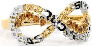 Citrine White Yellow Gold Celtic Infinity Irish "Love, Loyalty, & Friendship" Ring