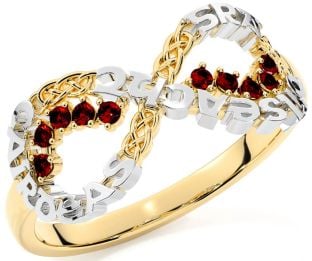 Garnet White Yellow Gold Celtic Infinity Irish "Love, Loyalty, & Friendship" Ring