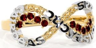 Garnet White Yellow Gold Celtic Infinity Irish "Love, Loyalty, & Friendship" Ring