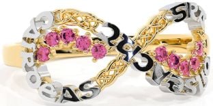 Pink Tourmaline White Yellow Gold Celtic Infinity Irish "Love, Loyalty, & Friendship" Ring