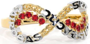 Ruby White Yellow Gold Celtic Infinity Irish "Love, Loyalty, & Friendship" Ring