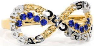 Sapphire White Yellow Gold Celtic Infinity Irish "Love, Loyalty, & Friendship" Ring