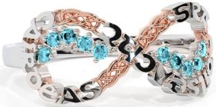 Aquamarine Rose Gold Silver Celtic Infinity Irish "Love, Loyalty, & Friendship" Ring