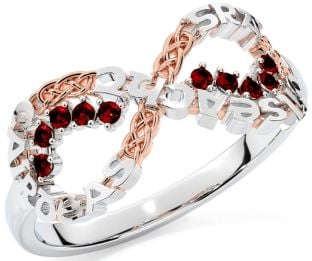 Garnet Rose Gold Silver Celtic Infinity Irish "Love, Loyalty, & Friendship" Ring