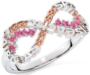 Pink Tourmaline Rose Gold Silver Celtic Infinity Irish "Love, Loyalty, & Friendship" Ring