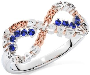 Sapphire Rose Gold Silver Celtic Infinity Irish "Love, Loyalty, & Friendship" Ring