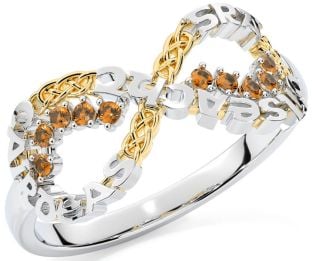 Citrine Gold Silver Celtic Infinity Irish "Love, Loyalty, & Friendship" Ring