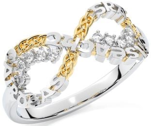 Diamond Gold Silver Celtic Infinity Irish "Love, Loyalty, & Friendship" Ring