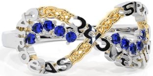 Sapphire Gold Silver Celtic Infinity Irish "Love, Loyalty, & Friendship" Ring