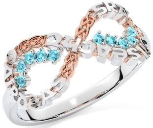 Aquamarine White Rose Gold Celtic Infinity Irish "Love, Loyalty, & Friendship" Ring