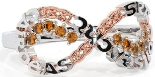 Citrine White Rose Gold Celtic Infinity Irish "Love, Loyalty, & Friendship" Ring