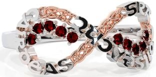 Garnet White Rose Gold Celtic Infinity Irish "Love, Loyalty, & Friendship" Ring