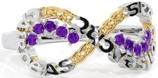 Amethyst White Yellow Gold Celtic Infinity Irish "Love, Loyalty, & Friendship" Ring