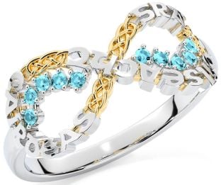 Aquamarine White Yellow Gold Celtic Infinity Irish "Love, Loyalty, & Friendship" Ring