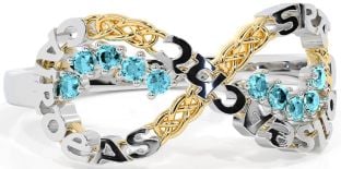 Aquamarine White Yellow Gold Celtic Infinity Irish "Love, Loyalty, & Friendship" Ring