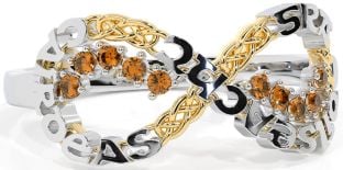Citrine White Yellow Gold Celtic Infinity Irish "Love, Loyalty, & Friendship" Ring