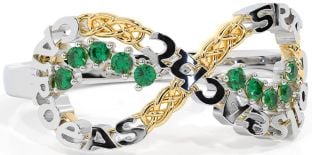 Emerald White Yellow Gold Celtic Infinity Irish "Love, Loyalty, & Friendship" Ring