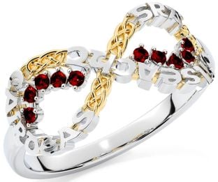 Garnet White Yellow Gold Celtic Infinity Irish "Love, Loyalty, & Friendship" Ring