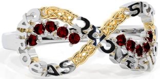 Garnet White Yellow Gold Celtic Infinity Irish "Love, Loyalty, & Friendship" Ring