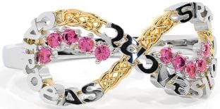 Pink Tourmaline White Yellow Gold Celtic Infinity Irish "Love, Loyalty, & Friendship" Ring