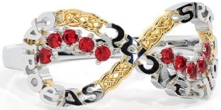 Ruby White Yellow Gold Celtic Infinity Irish "Love, Loyalty, & Friendship" Ring