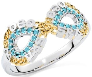 Aquamarine Gold Silver Celtic Infinity Irish "Love Forever" Ring