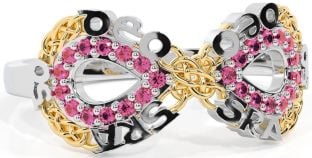 Pink Tourmaline White Yellow Gold Celtic Infinity Irish "Love Forever" Ring