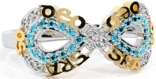 Aquamarine White Yellow Gold Celtic Infinity Irish "Love Forever" Ring