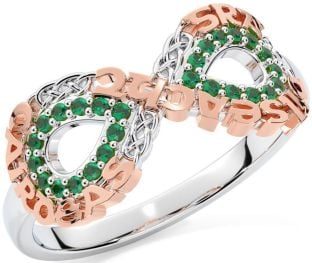 Emerald Rose Gold Silver Celtic Infinity Irish "Love, Loyalty, & Friendship" Ring