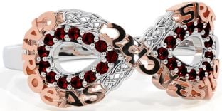 Garnet Rose Gold Silver Celtic Infinity Irish "Love, Loyalty, & Friendship" Ring