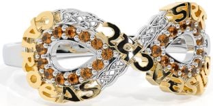 Citrine Gold Silver Celtic Infinity Irish "Love, Loyalty, & Friendship" Ring