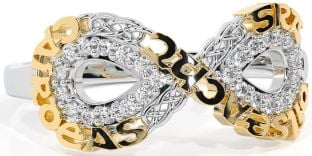 Diamond Gold Silver Celtic Infinity Irish "Love, Loyalty, & Friendship" Ring