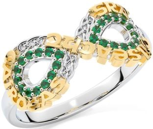 Emerald Gold Silver Celtic Infinity Irish "Love, Loyalty, & Friendship" Ring