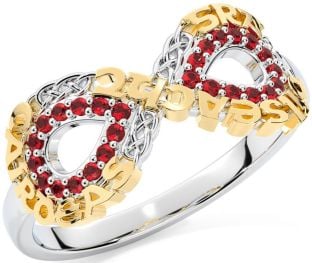 Ruby Gold Silver Celtic Infinity Irish "Love, Loyalty, & Friendship" Ring