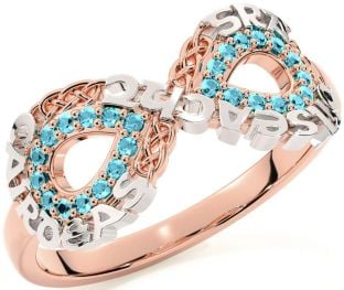 Aquamarine Rose Gold Silver Celtic Infinity Irish "Love, Loyalty, & Friendship" Ring