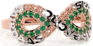 Emerald Rose Gold Silver Celtic Infinity Irish "Love, Loyalty, & Friendship" Ring