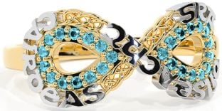 Aquamarine Gold Silver Celtic Infinity Irish "Love, Loyalty, & Friendship" Ring