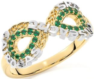 Emerald Gold Silver Celtic Infinity Irish "Love, Loyalty, & Friendship" Ring