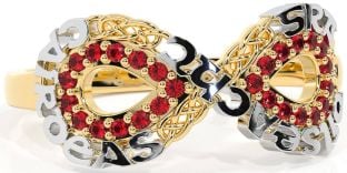 Ruby Gold Silver Celtic Infinity Irish "Love, Loyalty, & Friendship" Ring