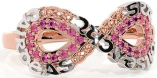 Pink Tourmaline White Rose Gold Celtic Infinity Irish "Love, Loyalty, & Friendship" Ring