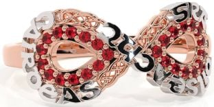 Ruby White Rose Gold Celtic Infinity Irish "Love, Loyalty, & Friendship" Ring