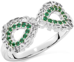 Emerald White Gold Celtic Infinity Irish "Love, Loyalty, & Friendship" Ring