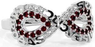 Garnet White Gold Celtic Infinity Irish "Love, Loyalty, & Friendship" Ring
