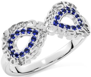 Sapphire White Gold Celtic Infinity Irish "Love, Loyalty, & Friendship" Ring