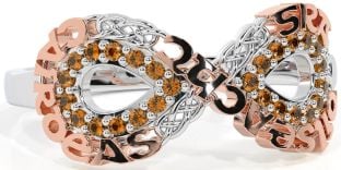 Citrine White Rose Gold Celtic Infinity Irish "Love, Loyalty, & Friendship" Ring